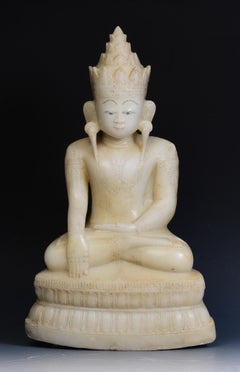 18th C., Shan, Rare Antique Burmese Alabaster Marble Seated King Buddha Statue