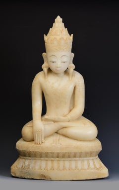 18th C., Shan, Rare Antique Burmese Alabaster Marble Seated King Buddha Statue