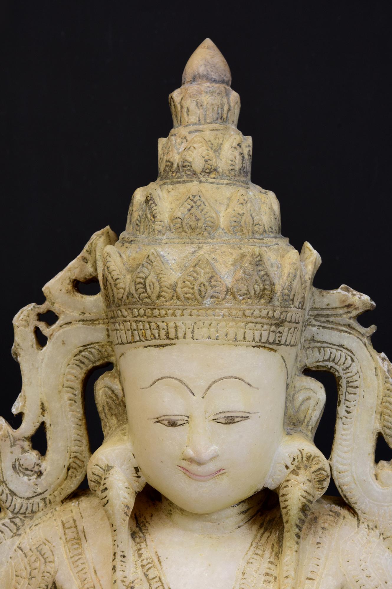 Hand-Carved 18th C., Shan, Rare Antique Burmese Alabaster Marble Seated King Buddha Statue For Sale
