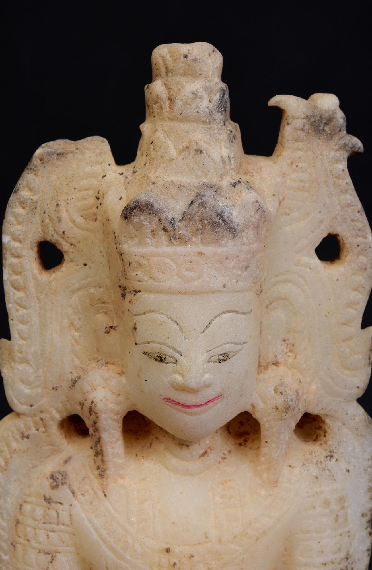 Hand-Carved 18th C., Shan, Rare Antique Burmese Alabaster Marble Seated King Buddha Statue For Sale