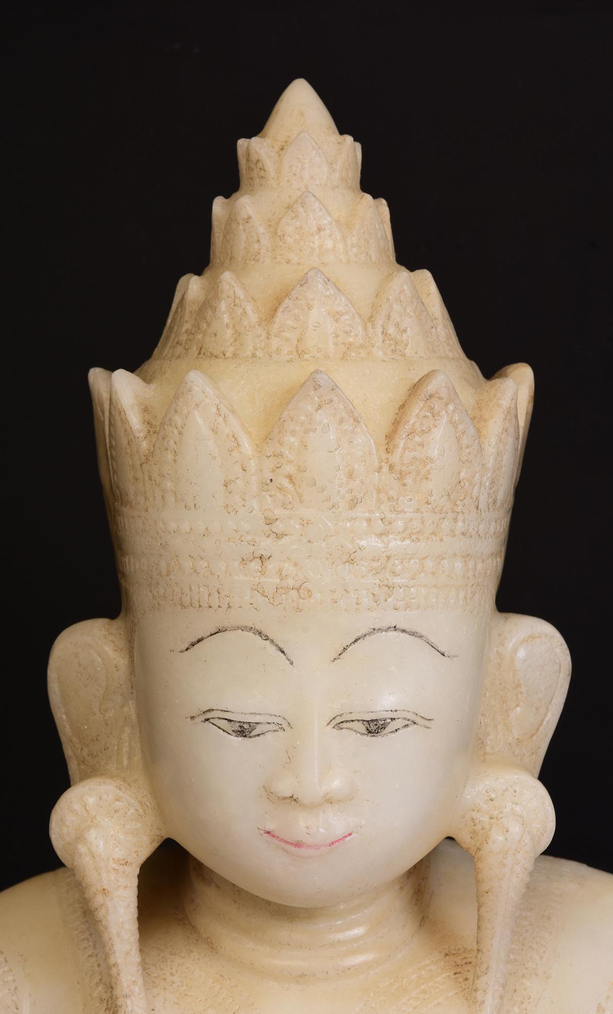 Hand-Carved 18th C., Shan, Rare Antique Burmese Alabaster Marble Seated King Buddha Statue