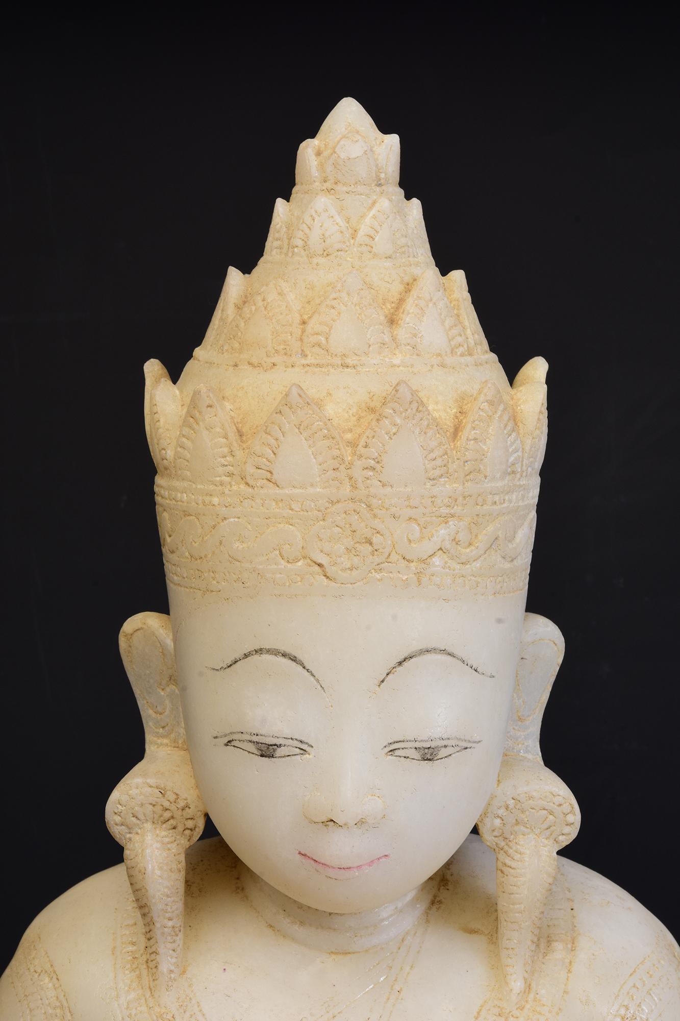Hand-Carved 18th C., Shan, Rare Antique Burmese Alabaster Marble Seated King Buddha Statue For Sale