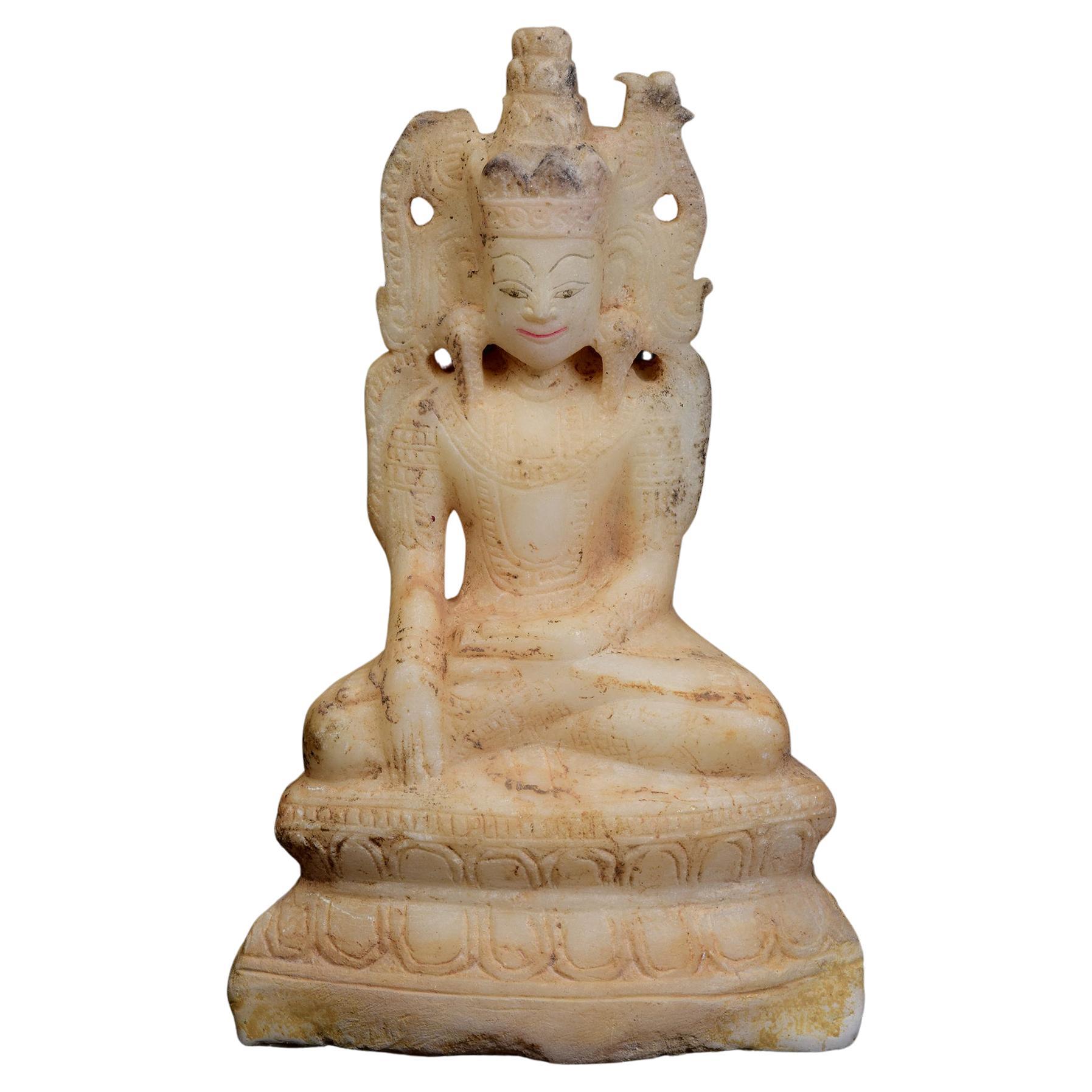 18th C., Shan, Rare Antique Burmese Alabaster Marble Seated King Buddha Statue