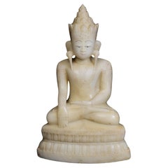 18th C., Shan, Rare Antique Burmese Alabaster Marble Seated King Buddha Statue
