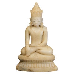 18th C., Shan, Rare Antique Burmese Alabaster Marble Seated King Buddha Statue