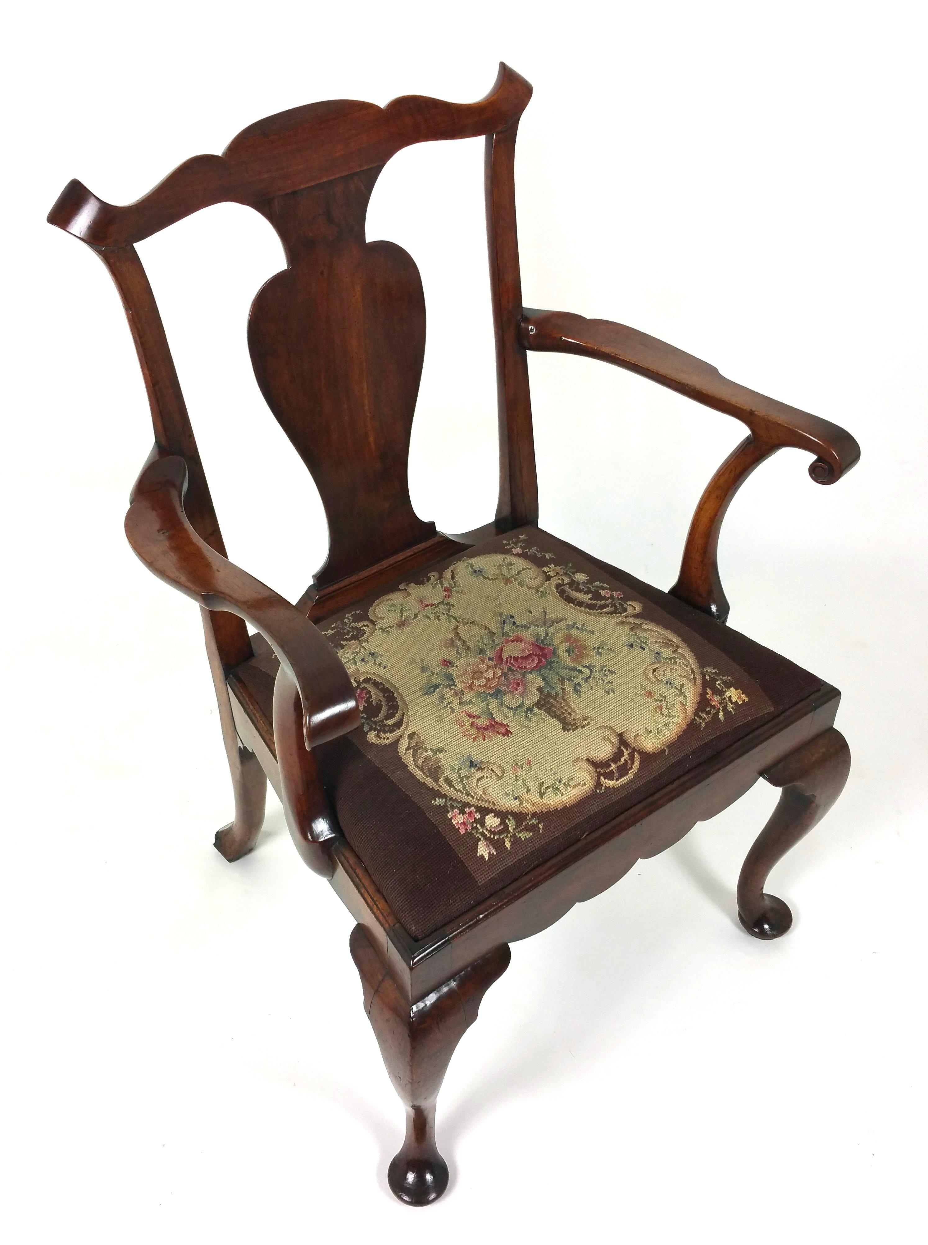18th Century Solid Walnut Splat Back Elbow Chair 4