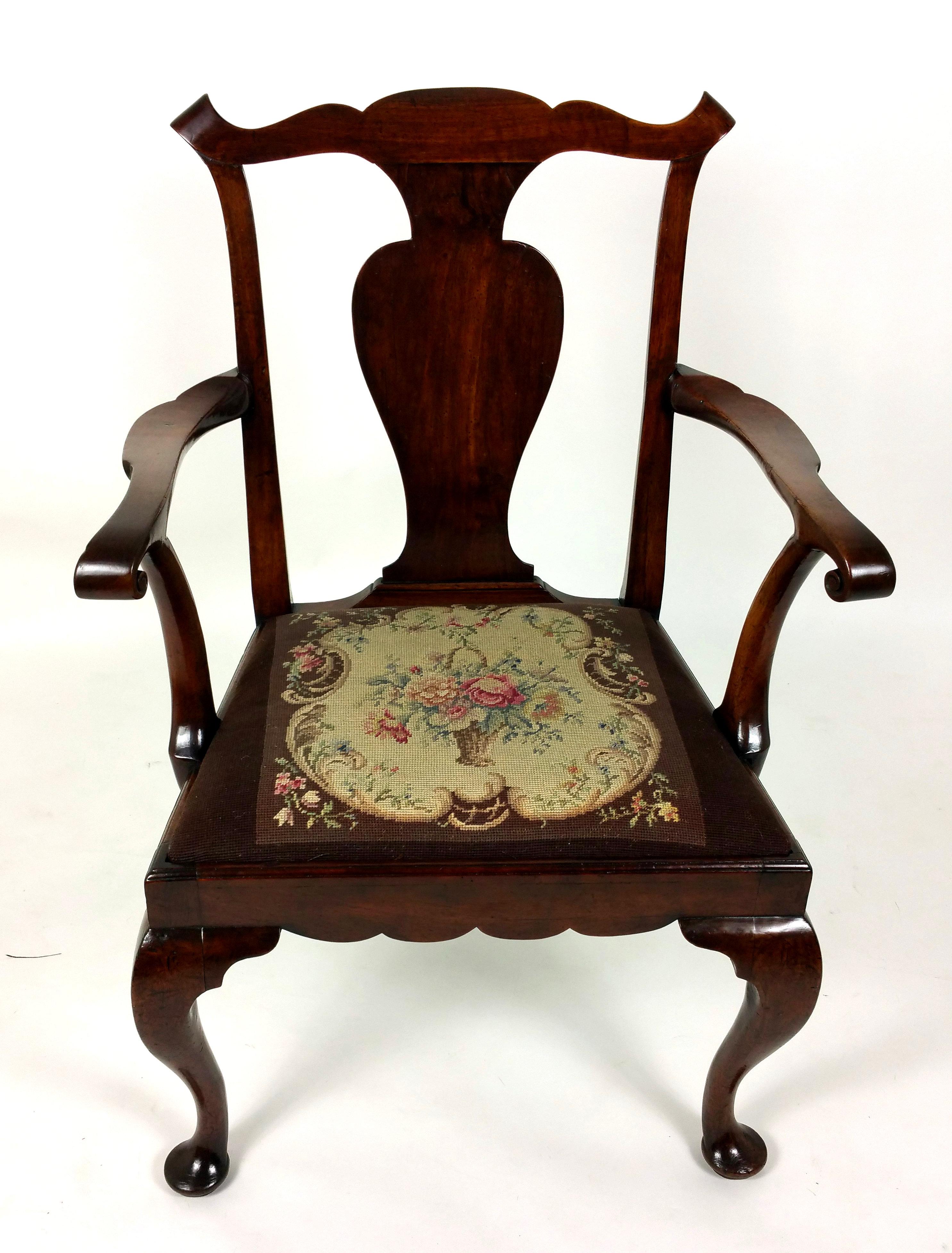 Hand-Crafted 18th Century Solid Walnut Splat Back Elbow Chair