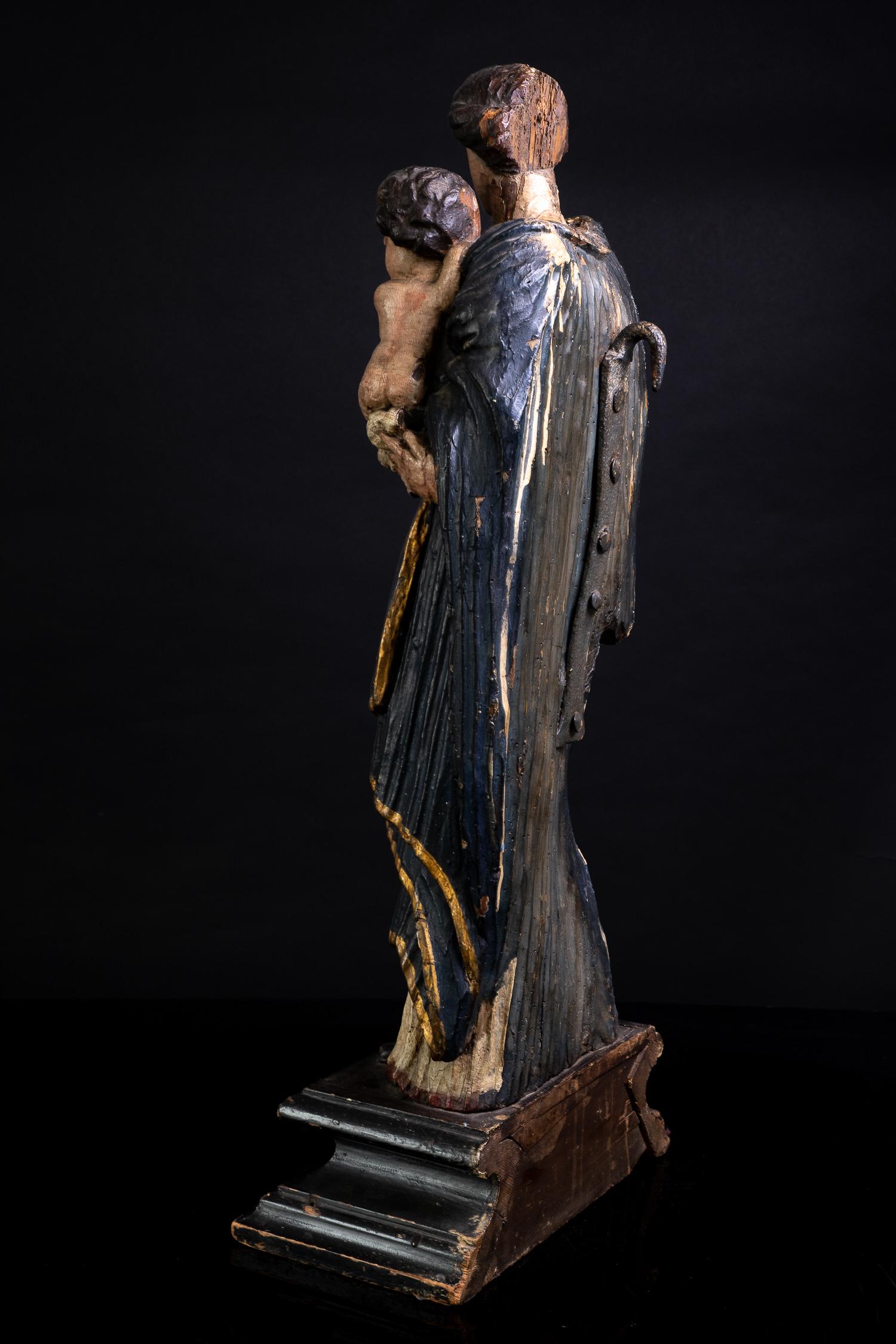 Bois 18ème siècle, France du Sud, Madone et enfant, bois sculpté et polychrome en vente