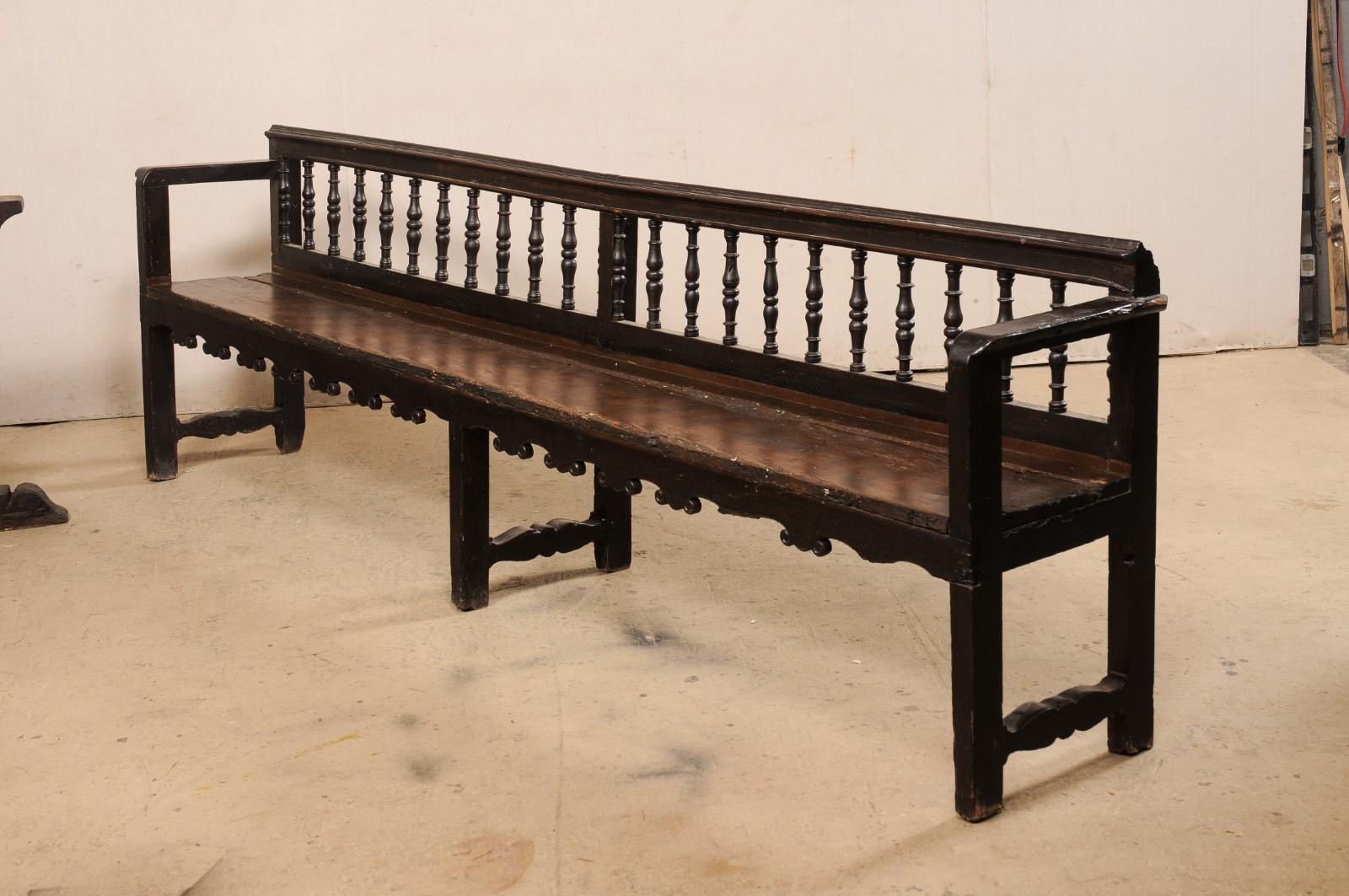 18th C. Spanish Wood Spindle-Back Bench W/Fabulous Trim Details 3