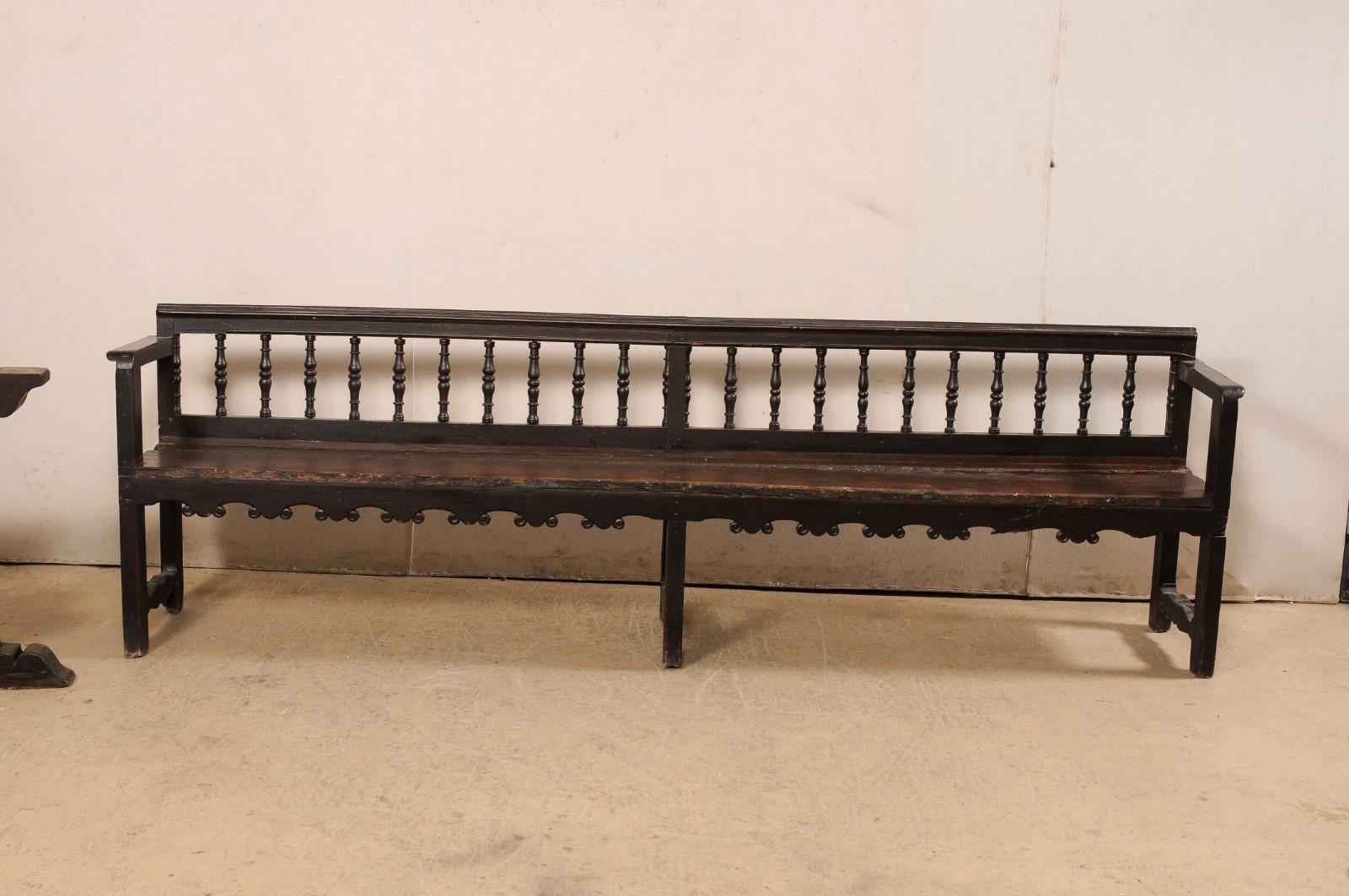 18th C. Spanish Wood Spindle-Back Bench W/Fabulous Trim Details 4