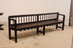 18th C. Spanish Wood Spindle-Back Bench W/Fabulous Trim Details