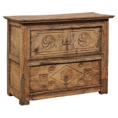18th C. Spanish Artistically Hand-Carved Wooden Chest w/ Forged Iron Pulls