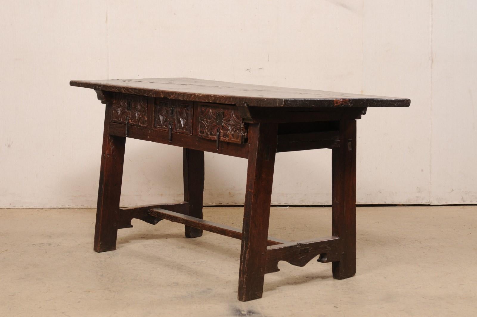 18th C. Spanish Beautifully Rustic Carved-Wood Trestle-Leg Table with Drawers For Sale 6