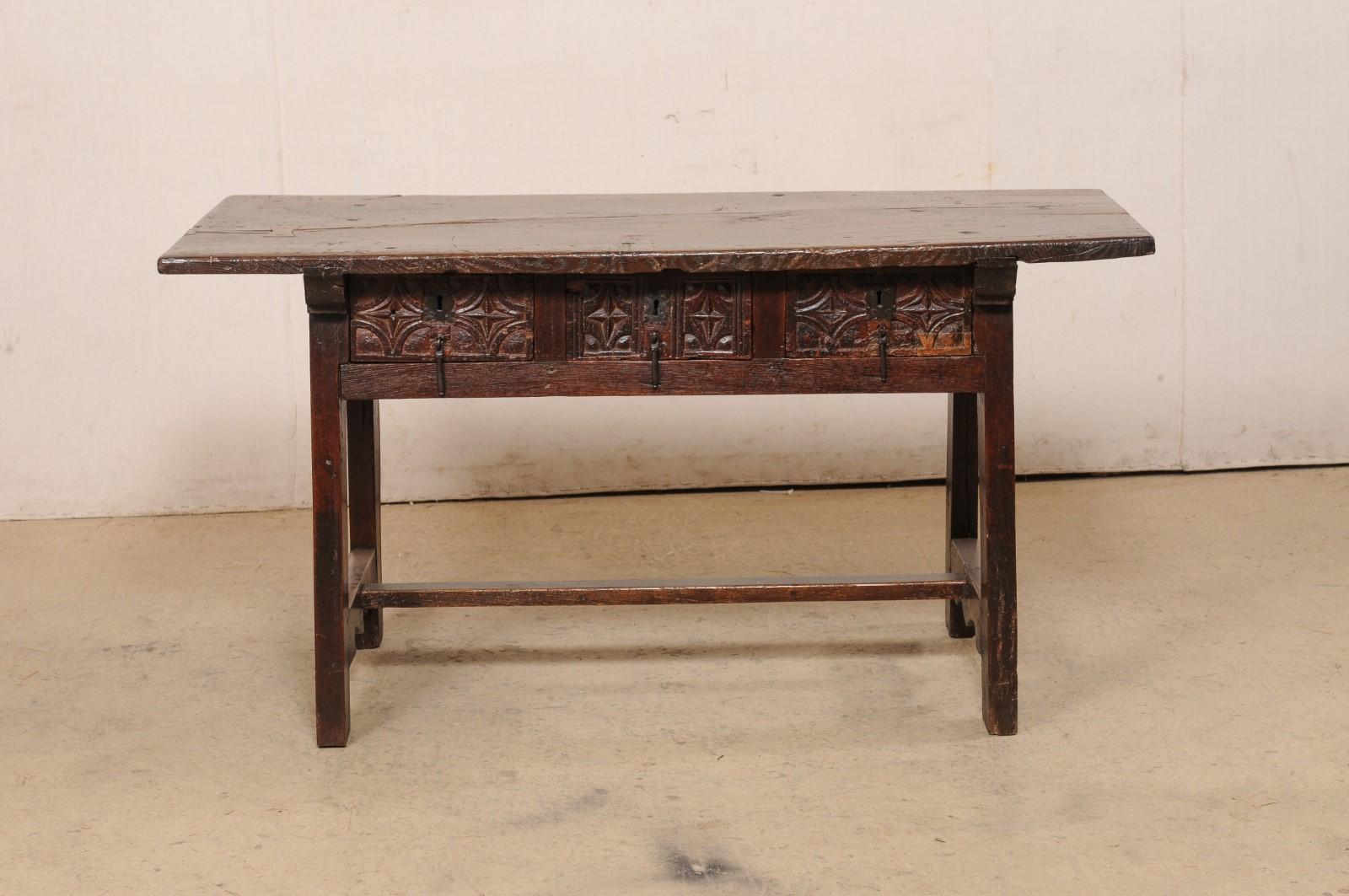 18th C. Spanish Beautifully Rustic Carved-Wood Trestle-Leg Table with Drawers For Sale 7