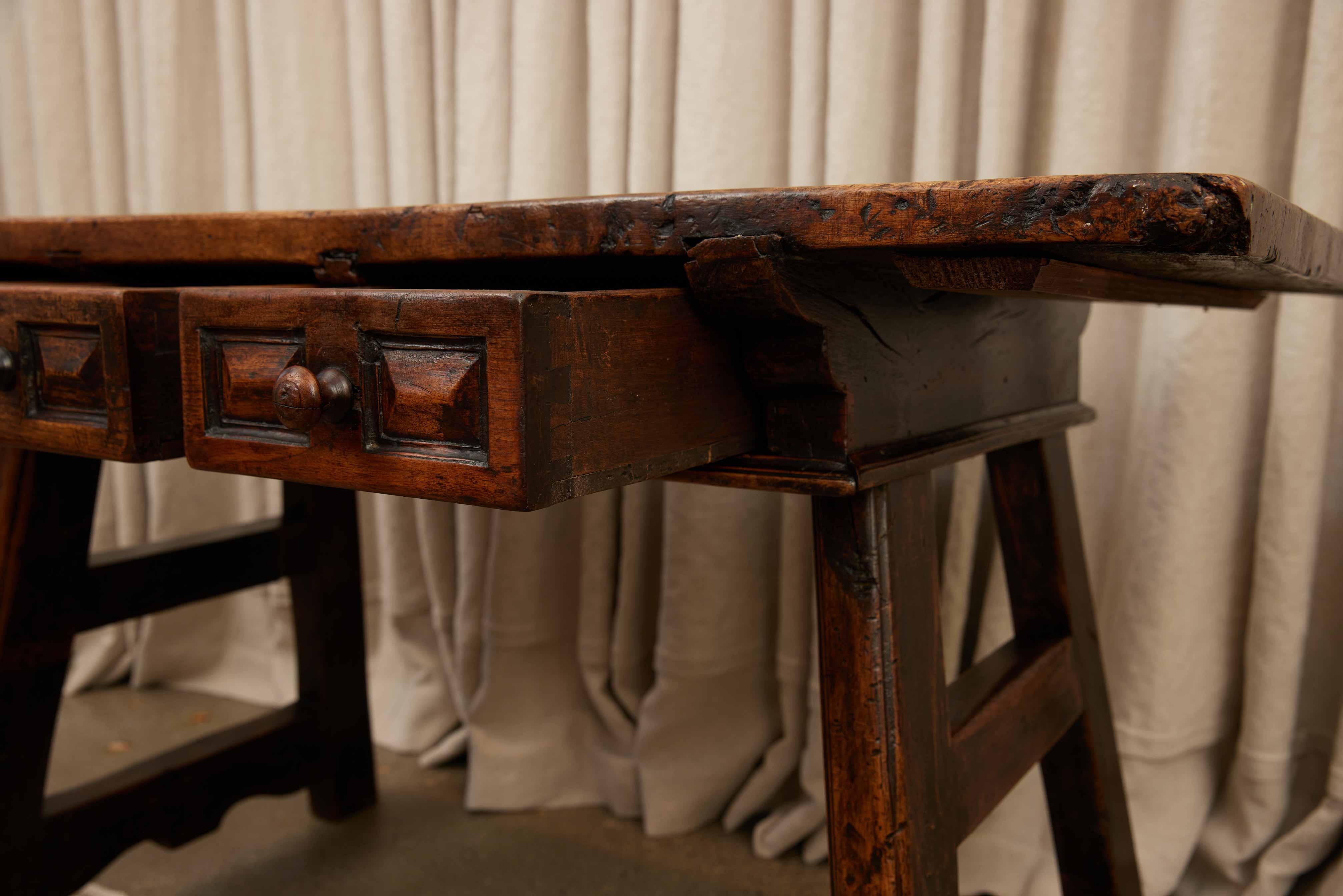 18th C. Spanish Beautifully Rustic Carved-Wood Trestle-Leg Table with Drawers For Sale 5