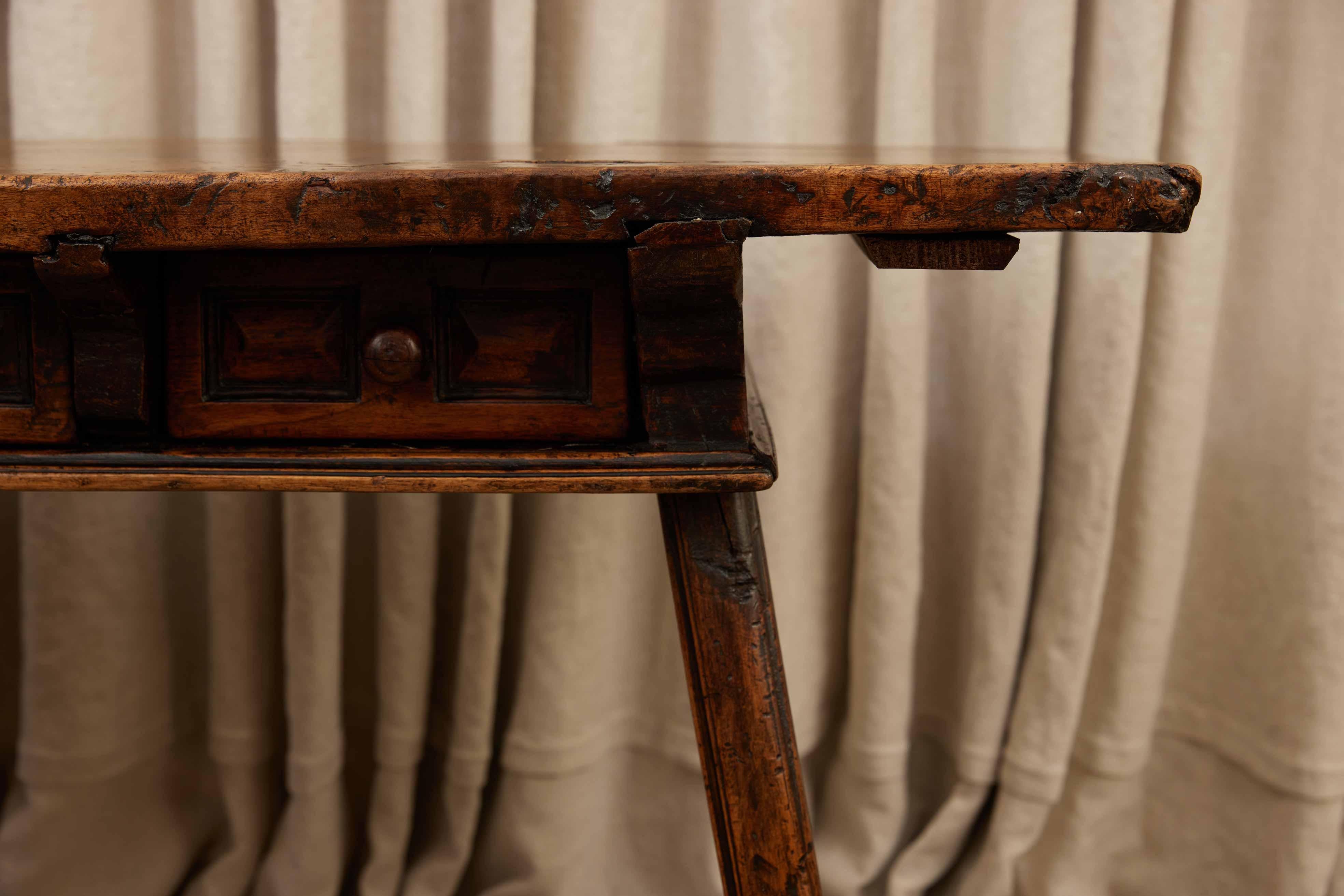 18th C. Spanish Beautifully Rustic Carved-Wood Trestle-Leg Table with Drawers For Sale 13