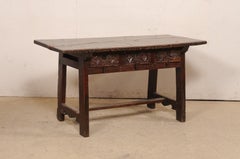 18th C. Spanish Beautifully Rustic Carved-Wood Trestle-Leg Table with Drawers