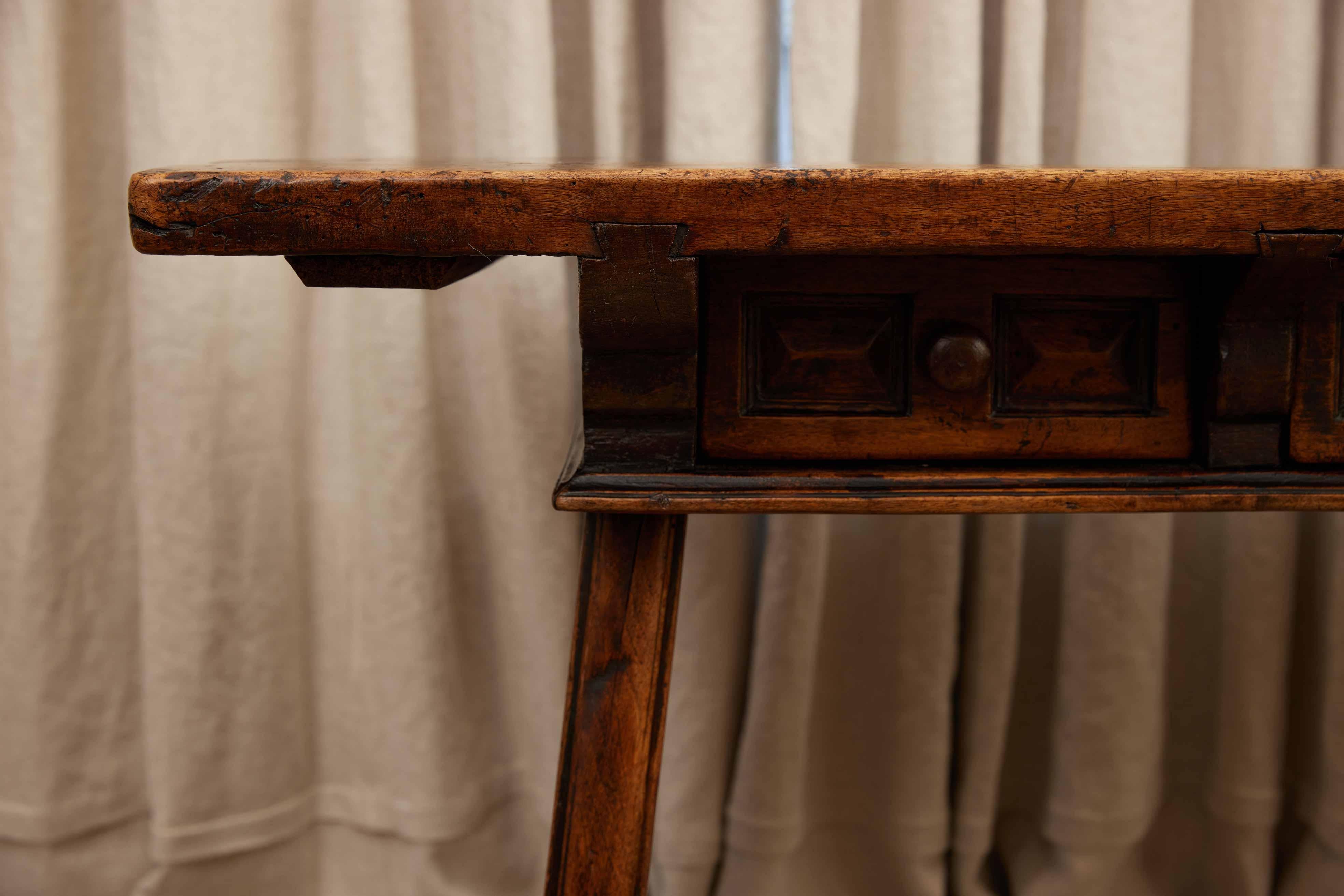 18th C. Spanish Beautifully Rustic Carved-Wood Trestle-Leg Table with Drawers For Sale 14