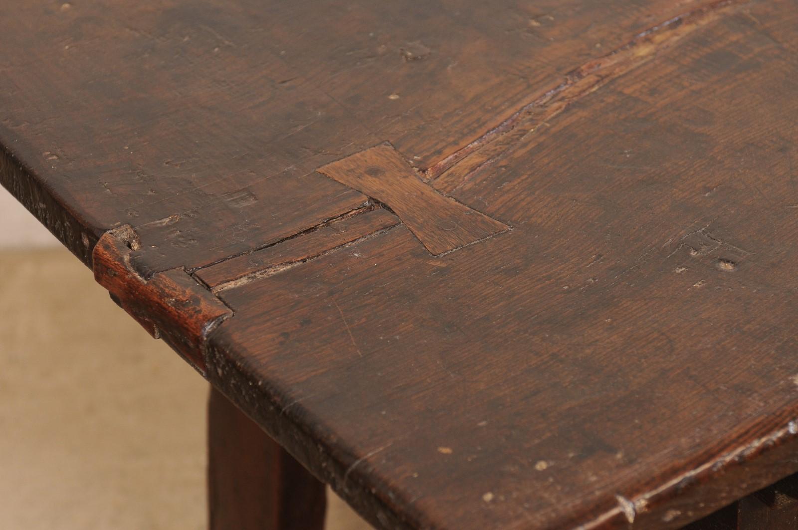 18th C. Spanish Beautifully Rustic Carved-Wood Trestle-Leg Table with Drawers In Good Condition For Sale In Atlanta, GA