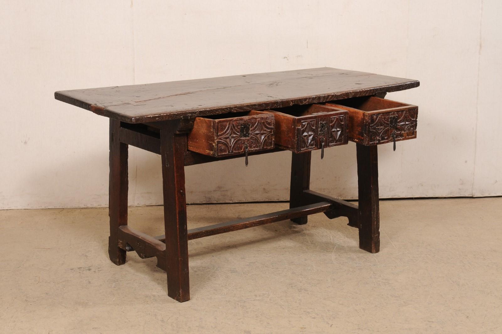 18th Century and Earlier 18th C. Spanish Beautifully Rustic Carved-Wood Trestle-Leg Table with Drawers For Sale