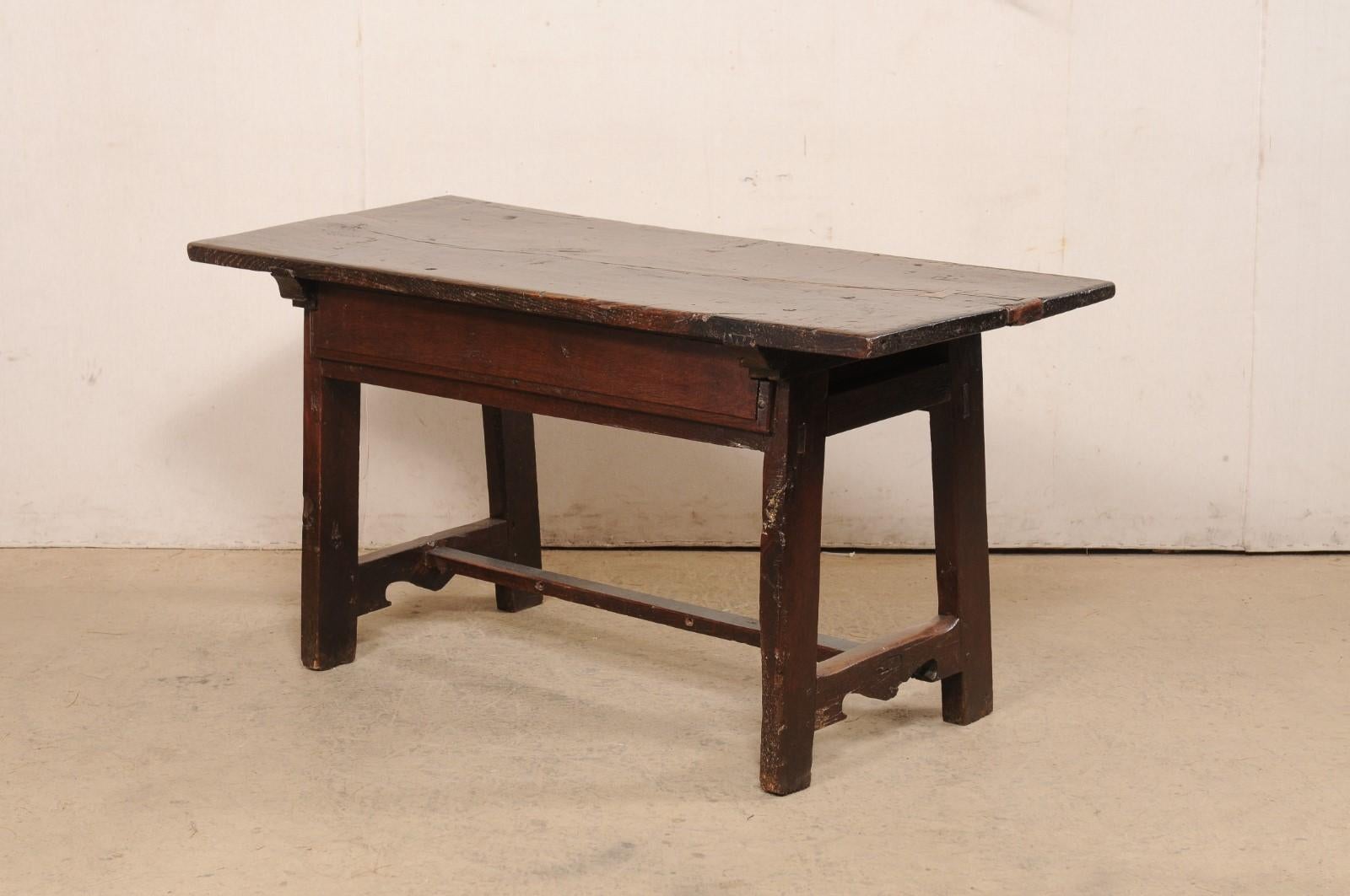 18th C. Spanish Beautifully Rustic Carved-Wood Trestle-Leg Table with Drawers For Sale 3
