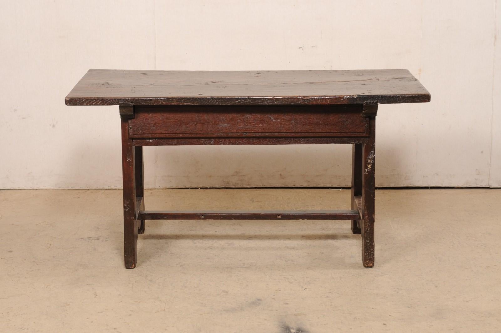 18th C. Spanish Beautifully Rustic Carved-Wood Trestle-Leg Table with Drawers For Sale 4