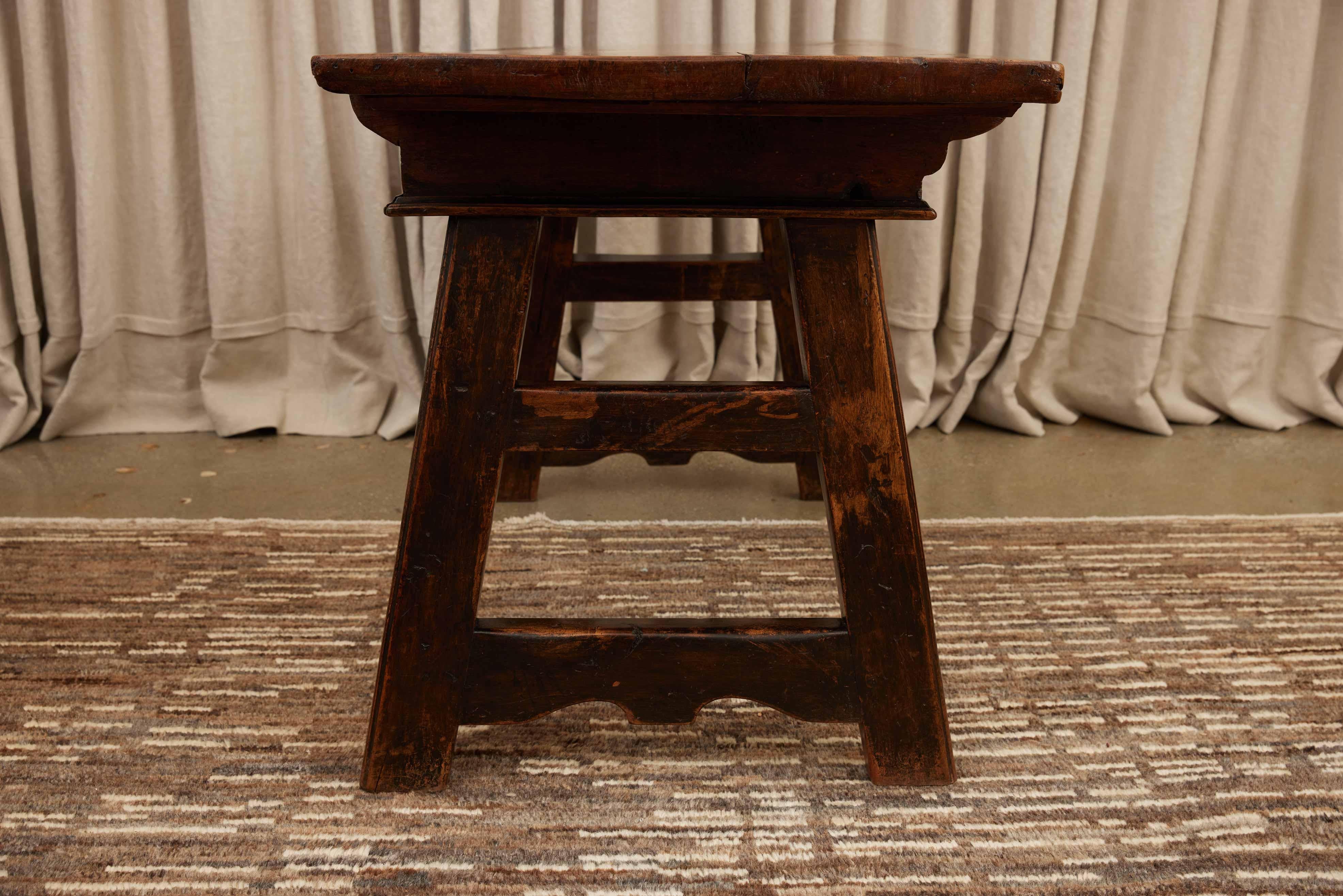 18th C. Spanish Beautifully Rustic Carved-Wood Trestle-Leg Table with Drawers For Sale 2
