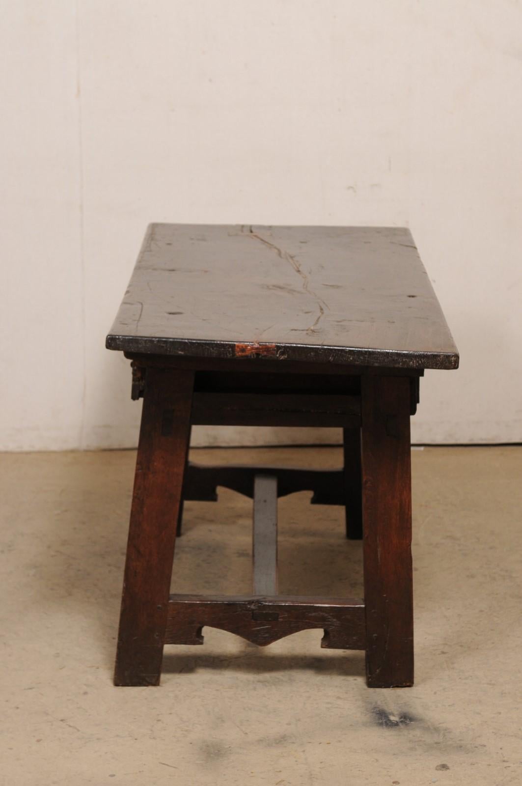 18th C. Spanish Beautifully Rustic Carved-Wood Trestle-Leg Table with Drawers For Sale 5