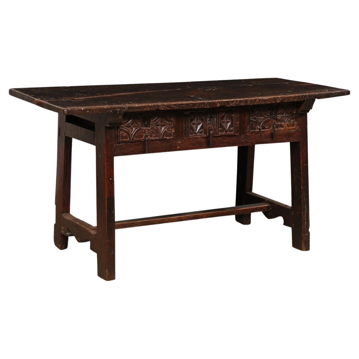 18th C. Spanish Beautifully Rustic Carved-Wood Trestle-Leg Table with Drawers For Sale
