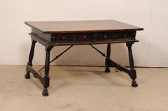 18th C. Spanish Carved-Walnut Trestle-Leg Desk W/Iron Stretchers & Two Drawers
