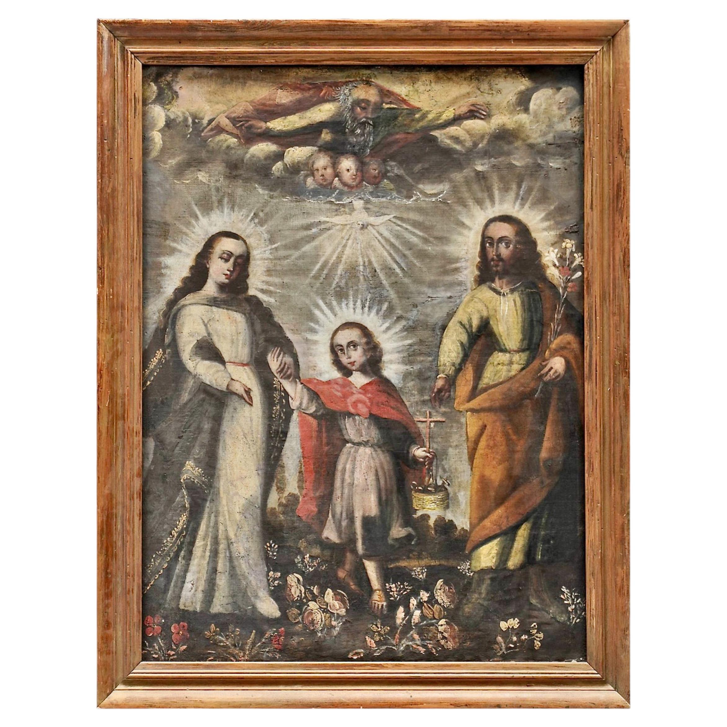18. Jh., Schule von Cuzco, spanische Kolonialmalerei, „Die Heilige Familie“, Öl auf Leinwand