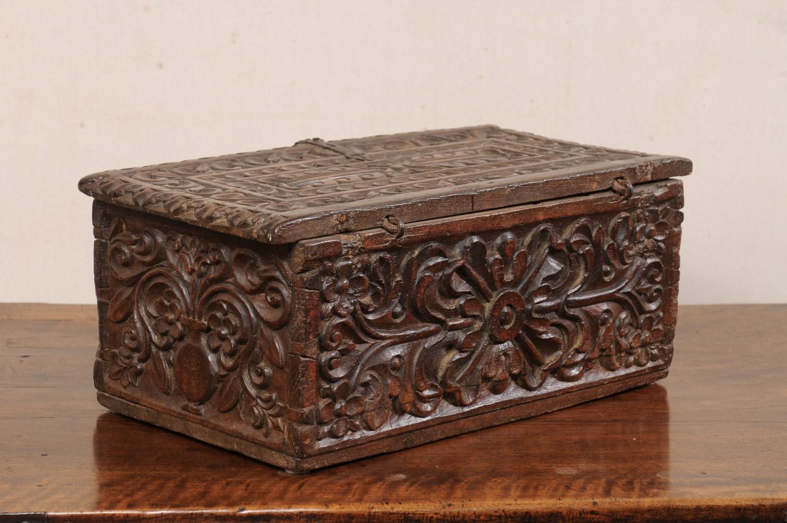 18th C. Spanish Colonial Ornate Hand Carved Wood Storage Box 'All Sides Carved!' For Sale 1