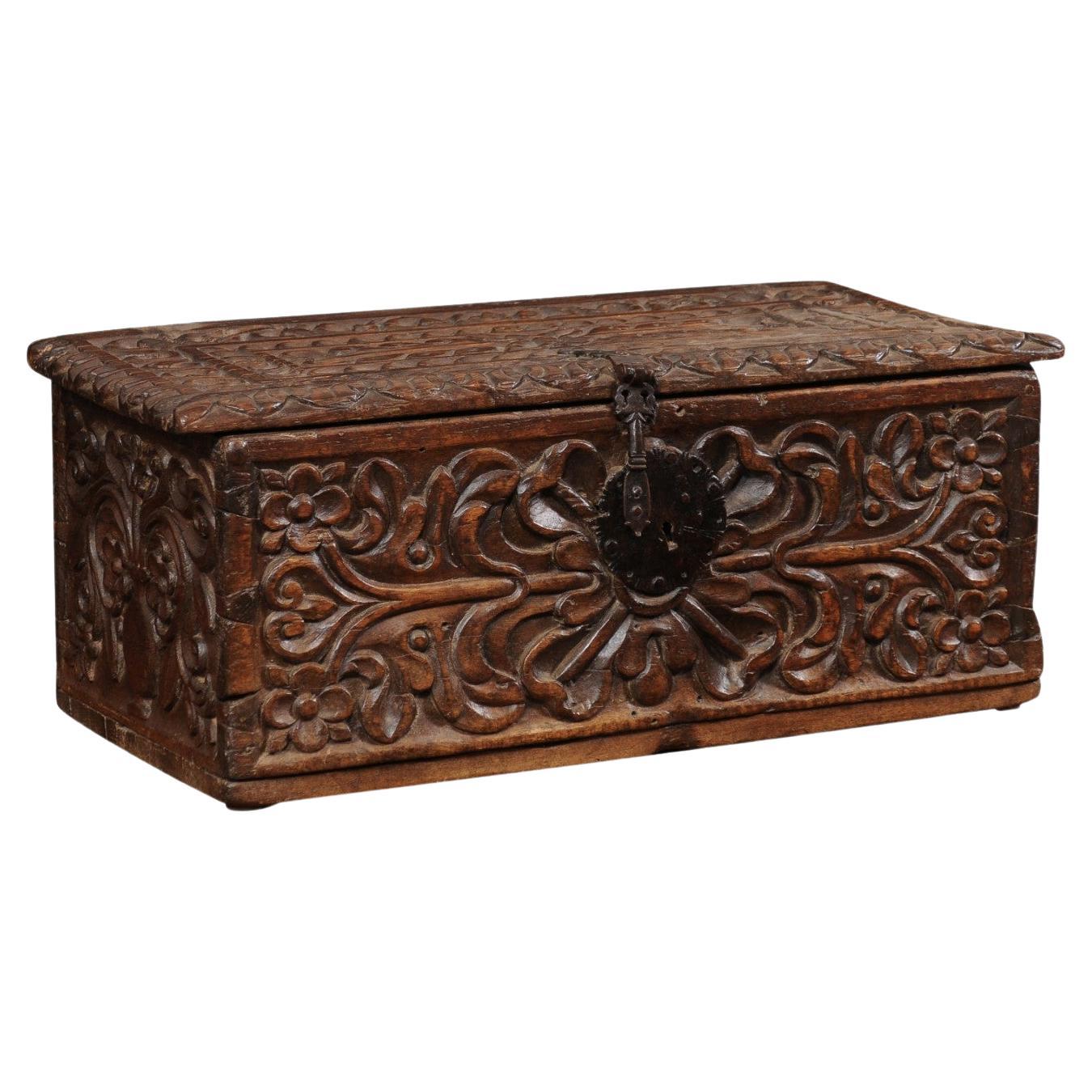 18th C. Spanish Colonial Ornate Hand Carved Wood Storage Box 'All Sides Carved!' For Sale