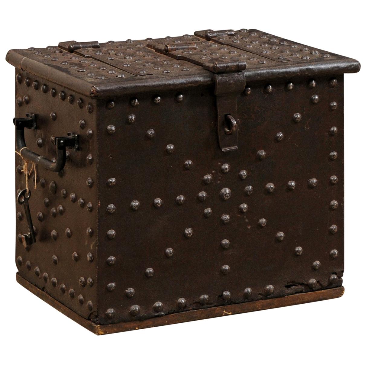 18th Century Spanish Iron-Clad Strong Box in Working Condition with Original Key For Sale