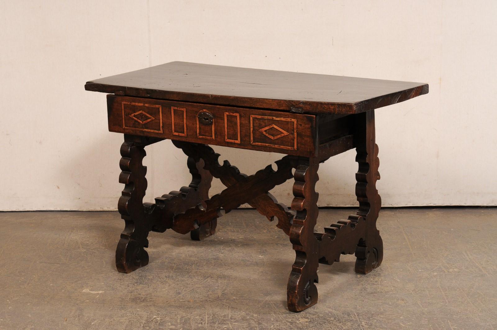 18th C. Spanish Nicely-Carved Wood Trestle-Leg Table w/Drawer For Sale 8