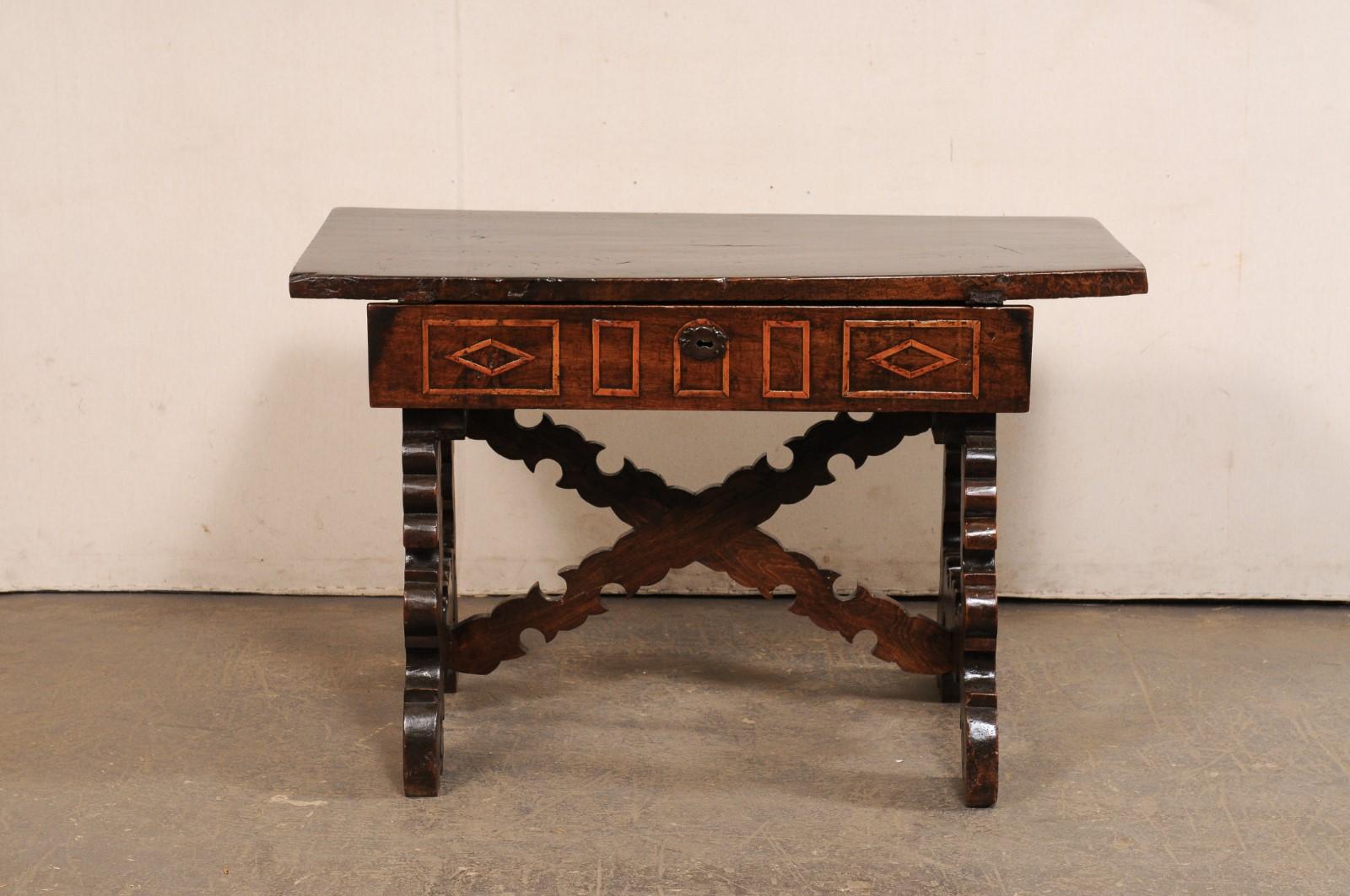 18th C. Spanish Nicely-Carved Wood Trestle-Leg Table w/Drawer For Sale 9