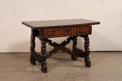 18th C. Spanish Nicely-Carved Wood Trestle-Leg Table w/Drawer