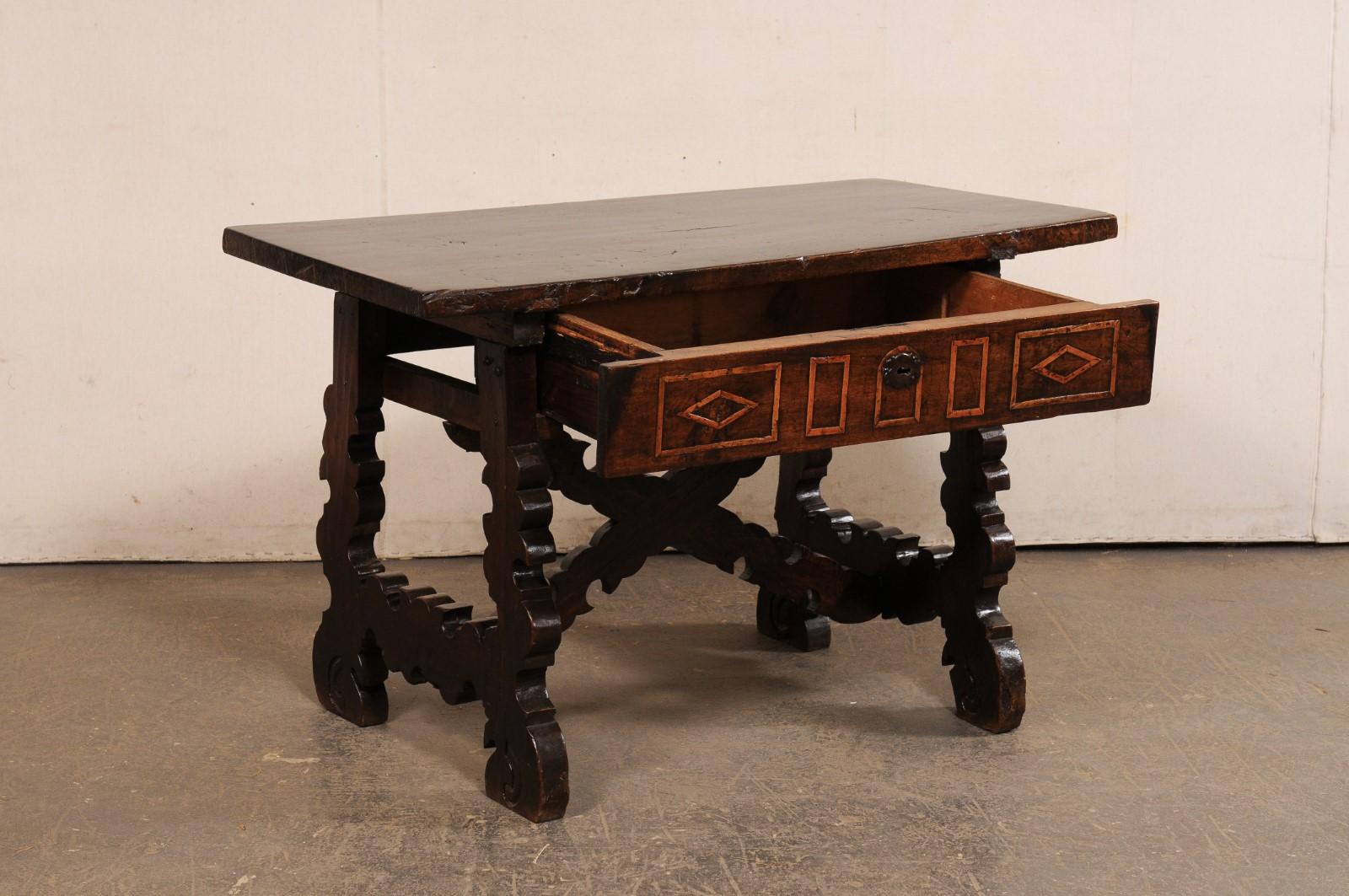 18th C. Spanish Nicely-Carved Wood Trestle-Leg Table w/Drawer In Good Condition For Sale In Atlanta, GA