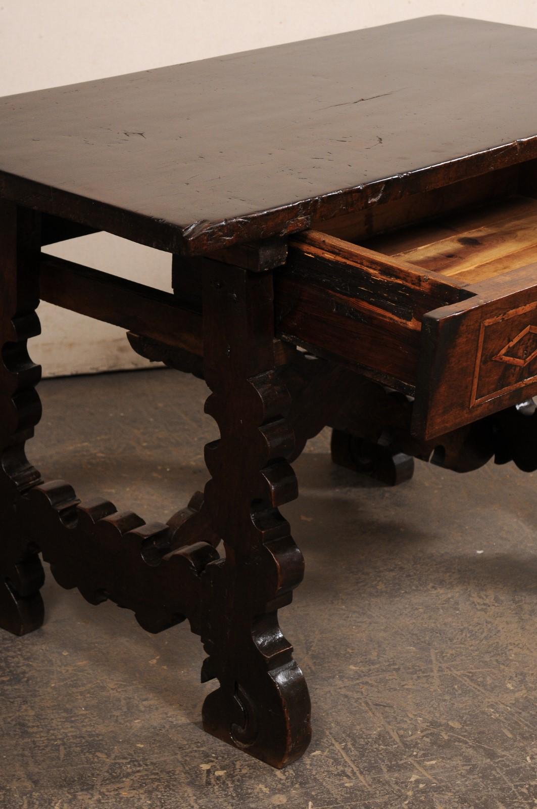 18th Century and Earlier 18th C. Spanish Nicely-Carved Wood Trestle-Leg Table w/Drawer For Sale