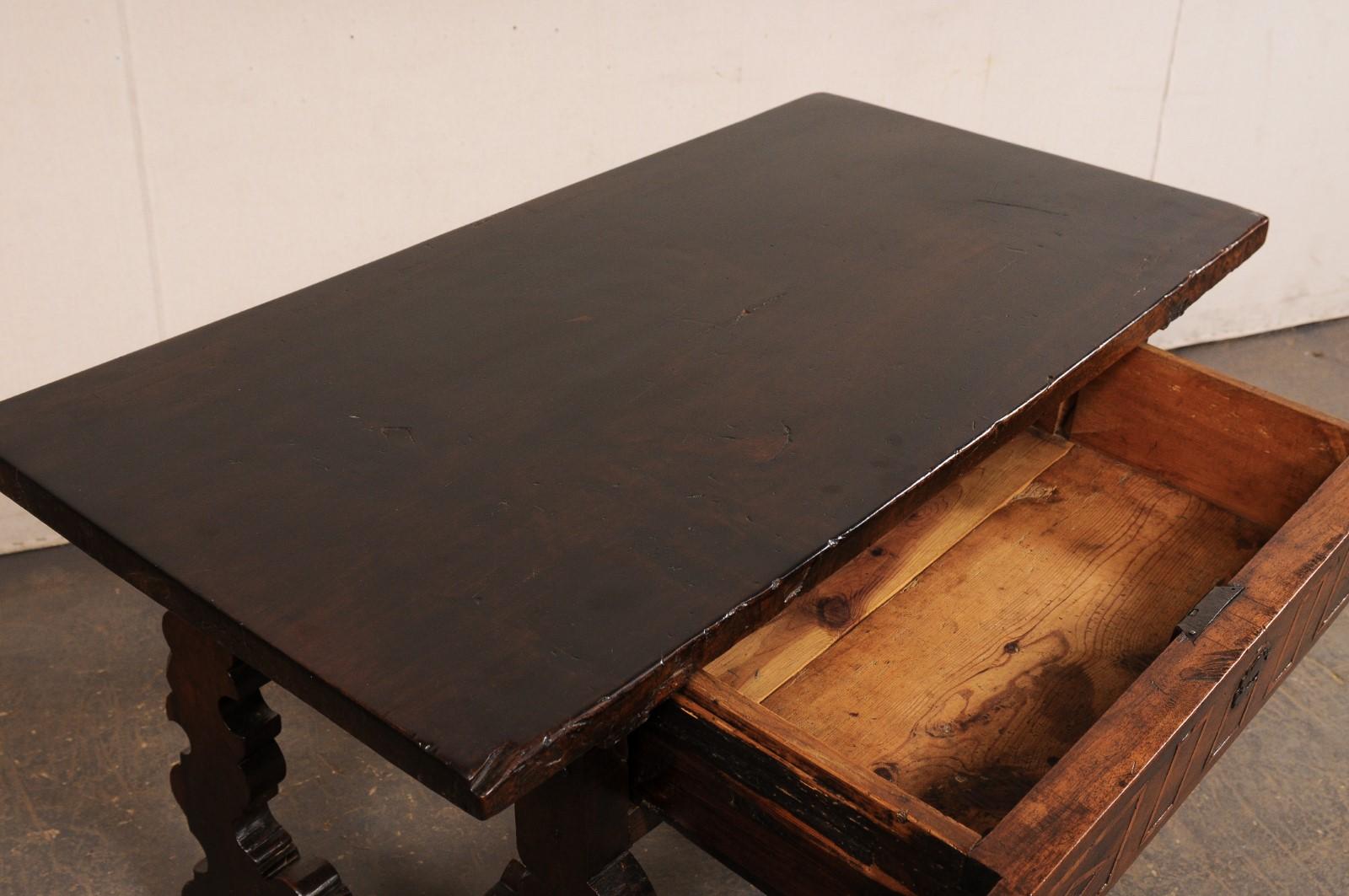 18th C. Spanish Nicely-Carved Wood Trestle-Leg Table w/Drawer For Sale 1