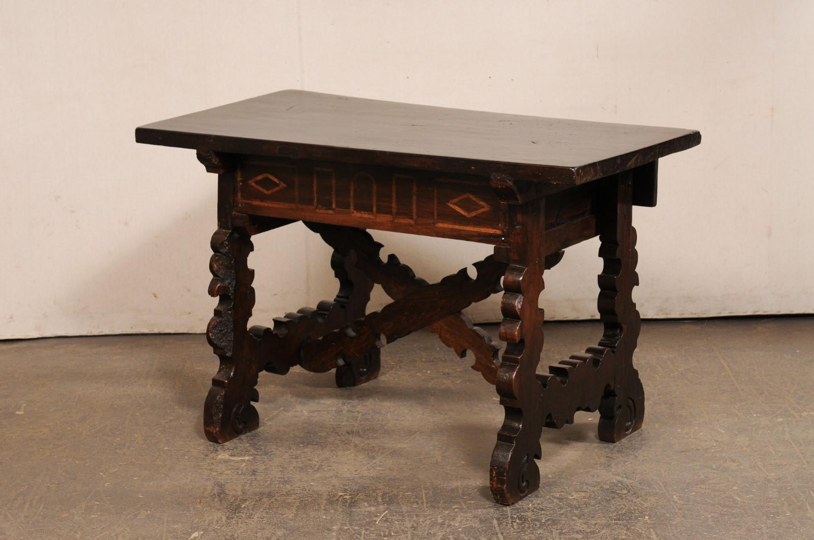 18th C. Spanish Nicely-Carved Wood Trestle-Leg Table w/Drawer For Sale 3