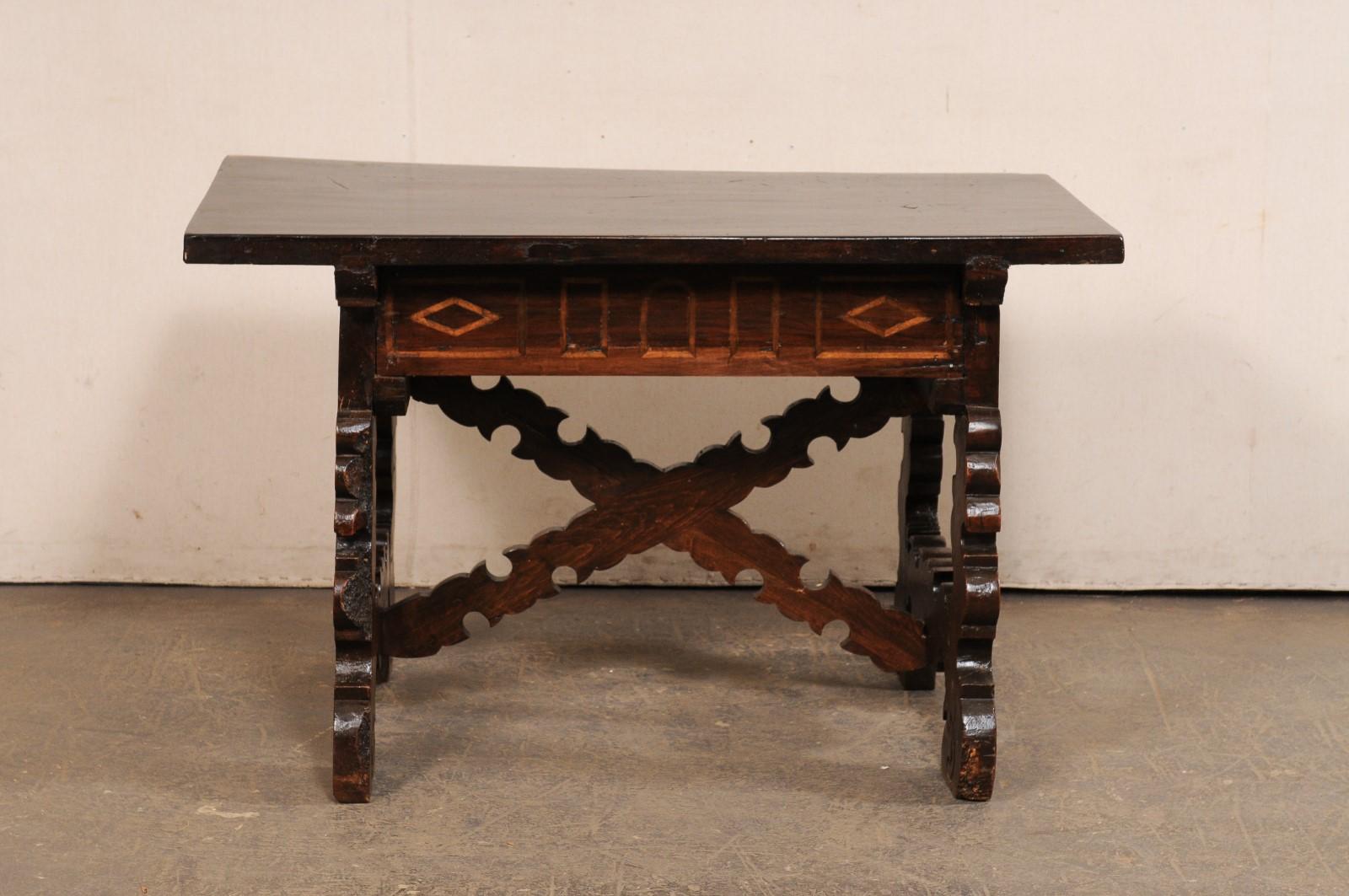 18th C. Spanish Nicely-Carved Wood Trestle-Leg Table w/Drawer For Sale 4