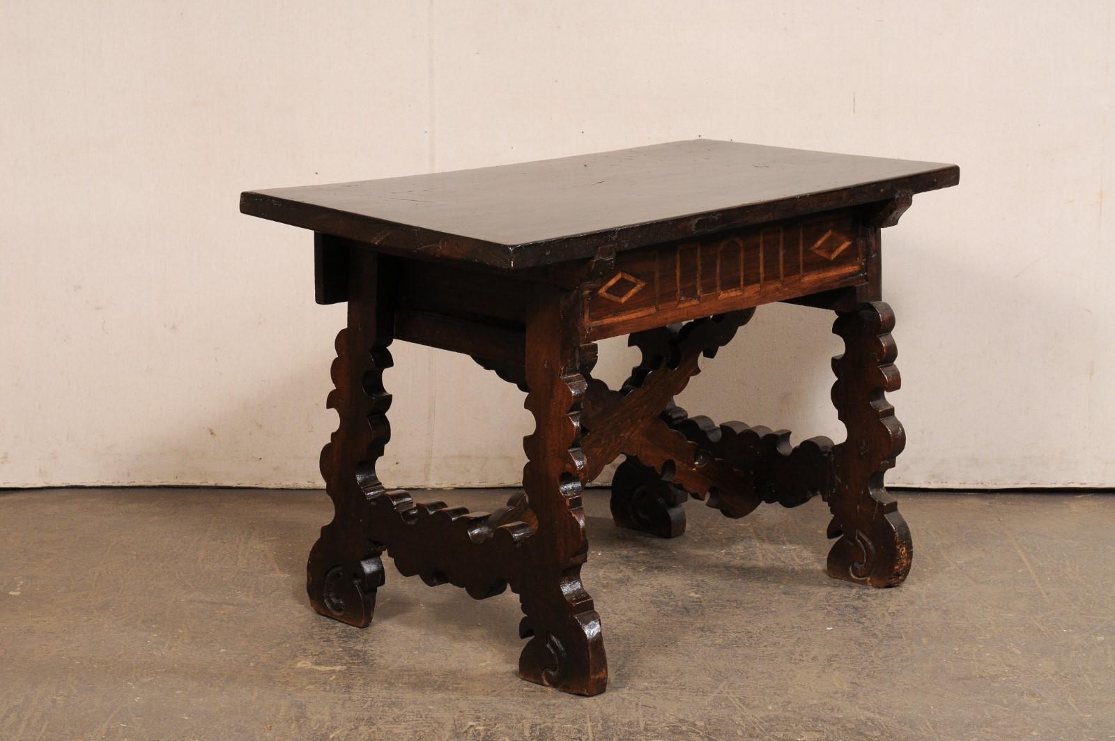 18th C. Spanish Nicely-Carved Wood Trestle-Leg Table w/Drawer For Sale 5
