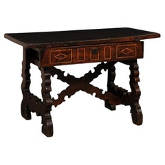 18th C. Spanish Nicely-Carved Wood Trestle-Leg Table w/Drawer