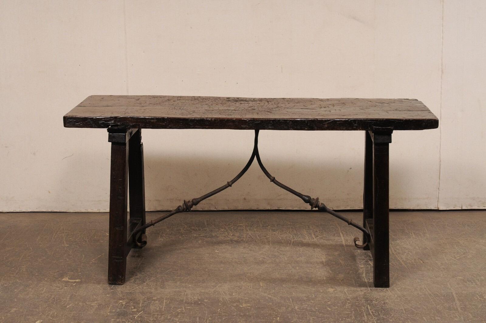 Wood 18th C. Spanish Rustic Iron Stretcher Table For Sale