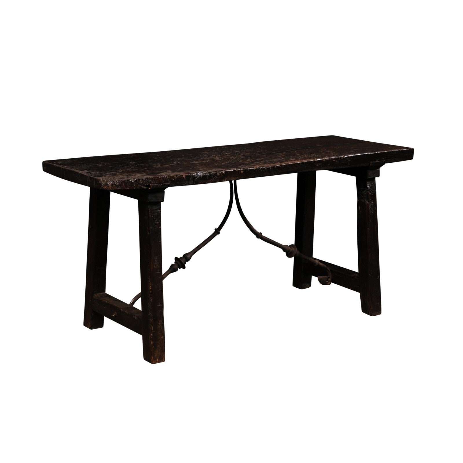 18th C. Spanish Rustic Iron Stretcher Table For Sale