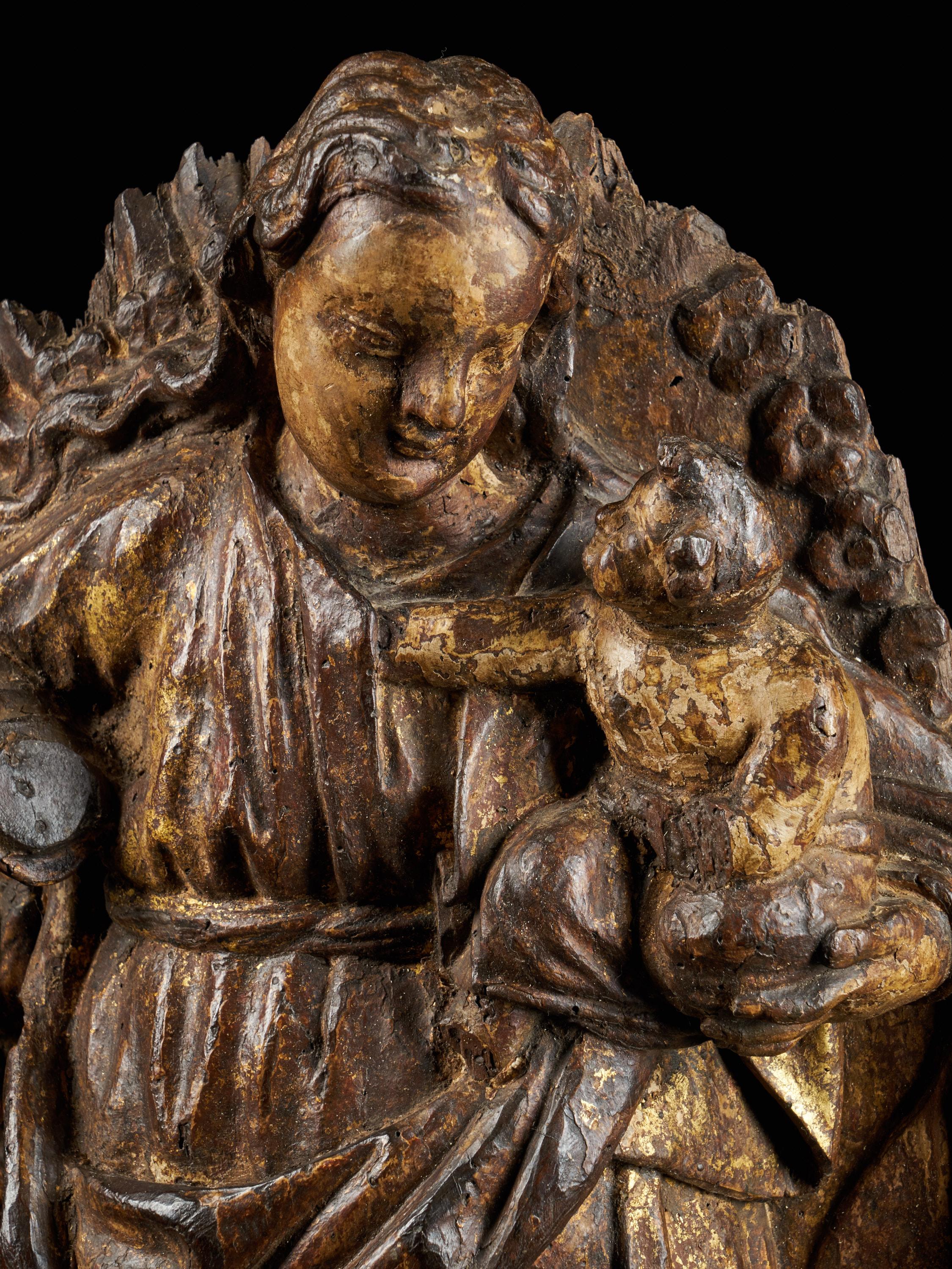 18th Century and Earlier Spanish Shool, Gilded Wooden Relief Sculpture of a Virgin Carrying a Child