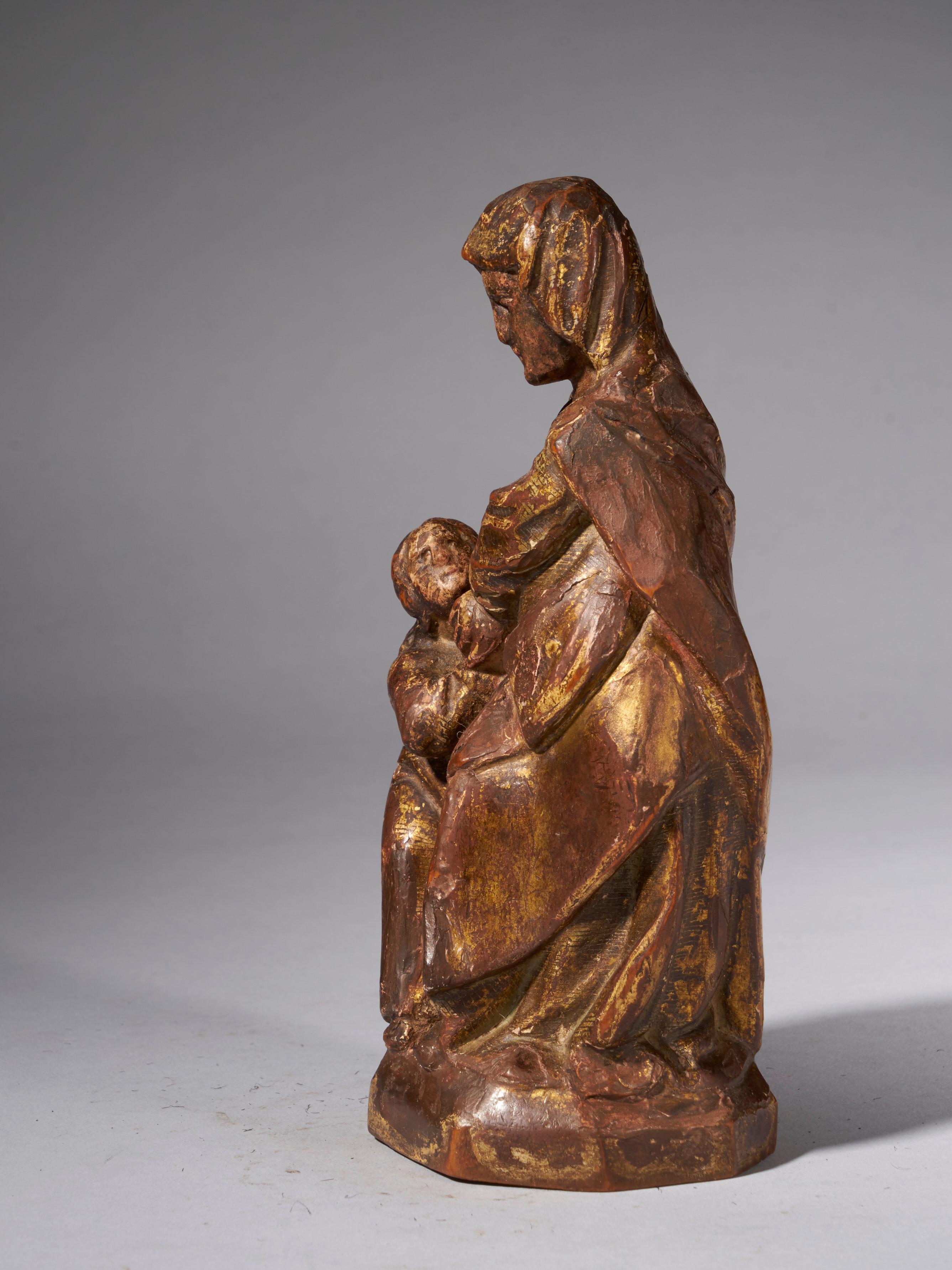 Hand-Carved Spanish School, Partly Gilded Wooden Sculpture of Maria holding Jesus For Sale