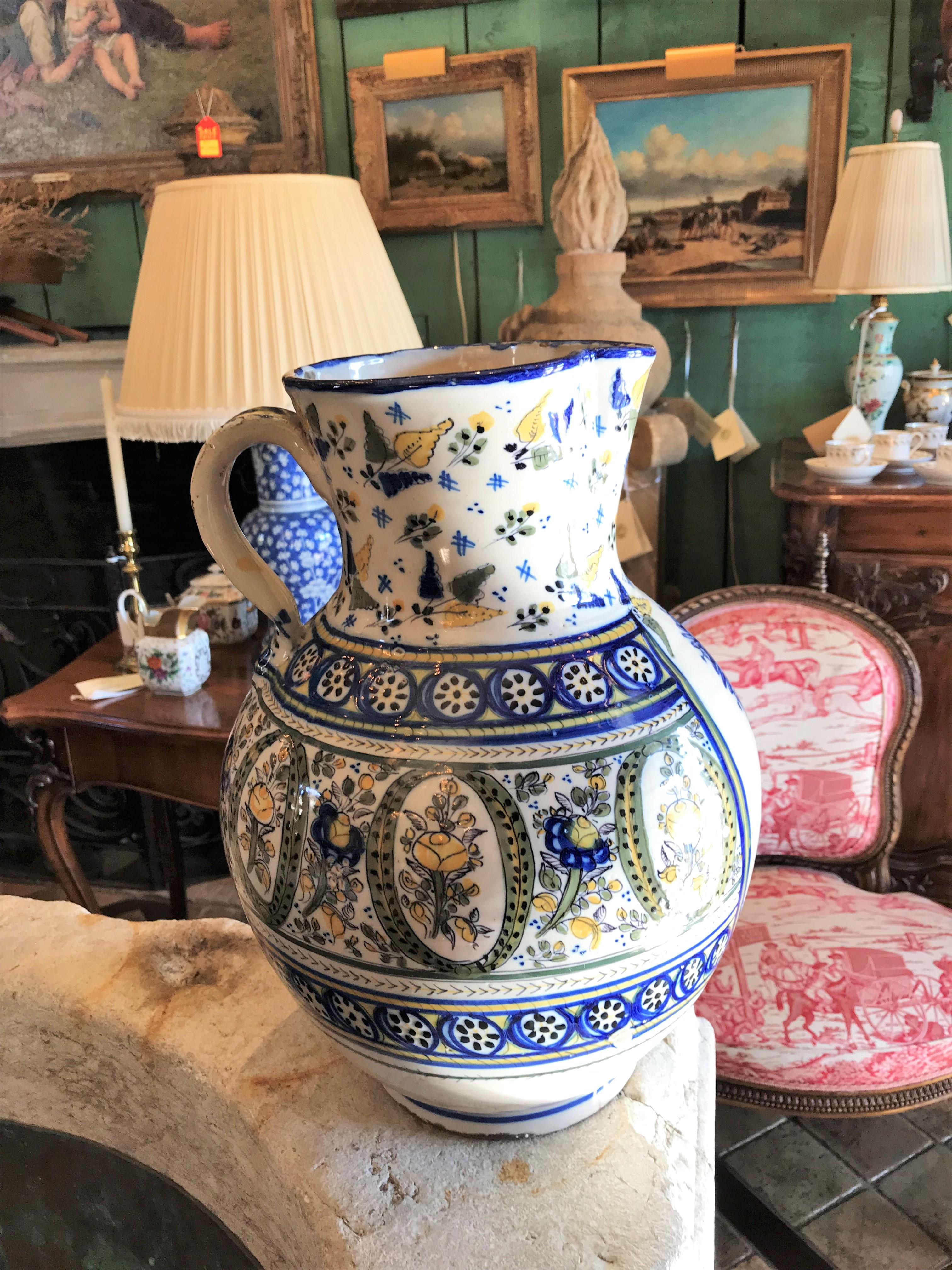 18th C Spanish Talavera De La Reina Pitcher Jar Bucaro Botijo Centerpiece Rustic . A large late 18th-early 19th century glazed ceramic pitcher jar made in Talavera de la Reina , Spain  known for its ceramic tradition since the Roman times. Also
