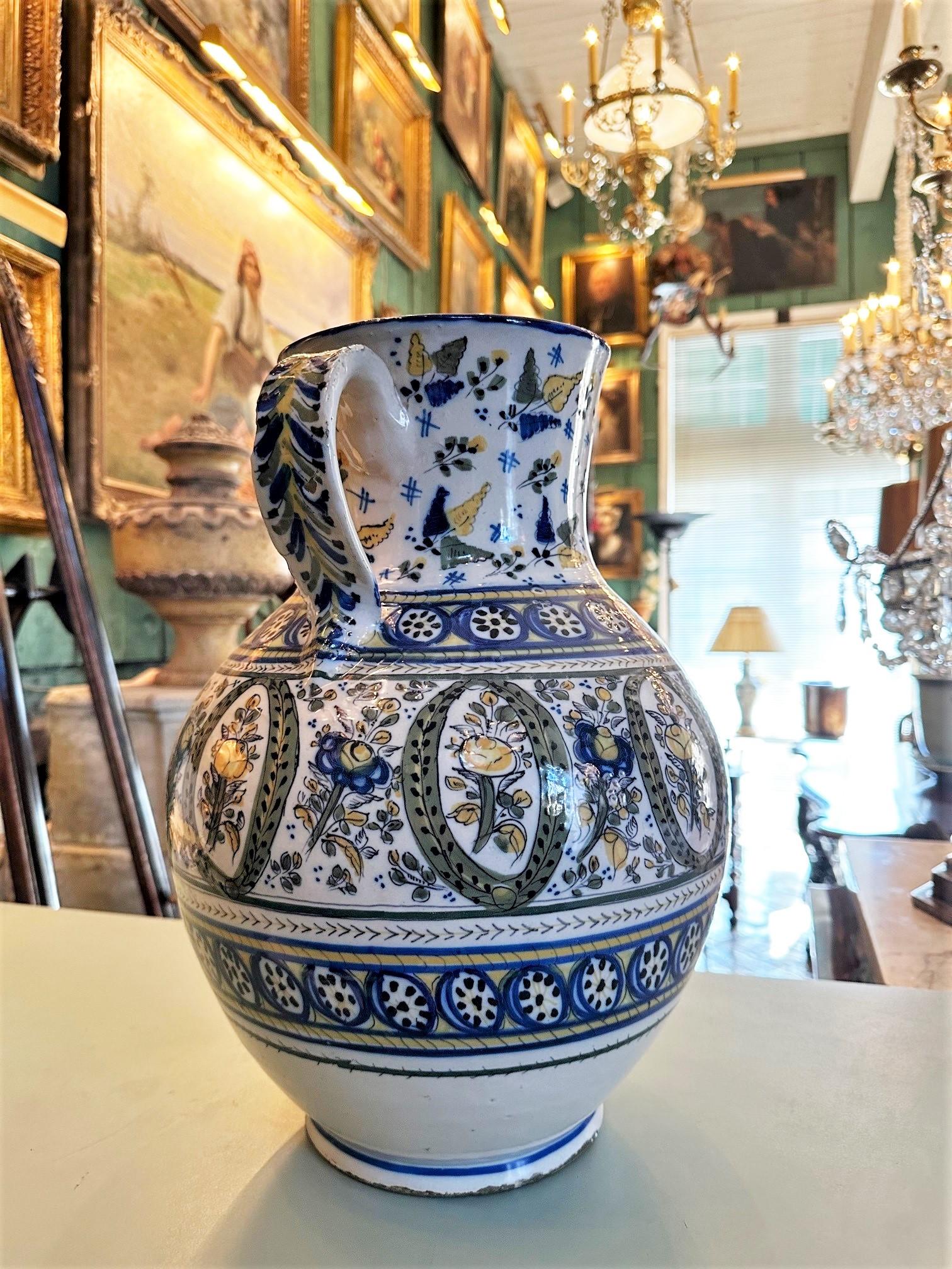 Ceramic 18th C Spanish Talavera De La Reina Pitcher Jar Bucaro Botijo Centerpiece Rustic For Sale